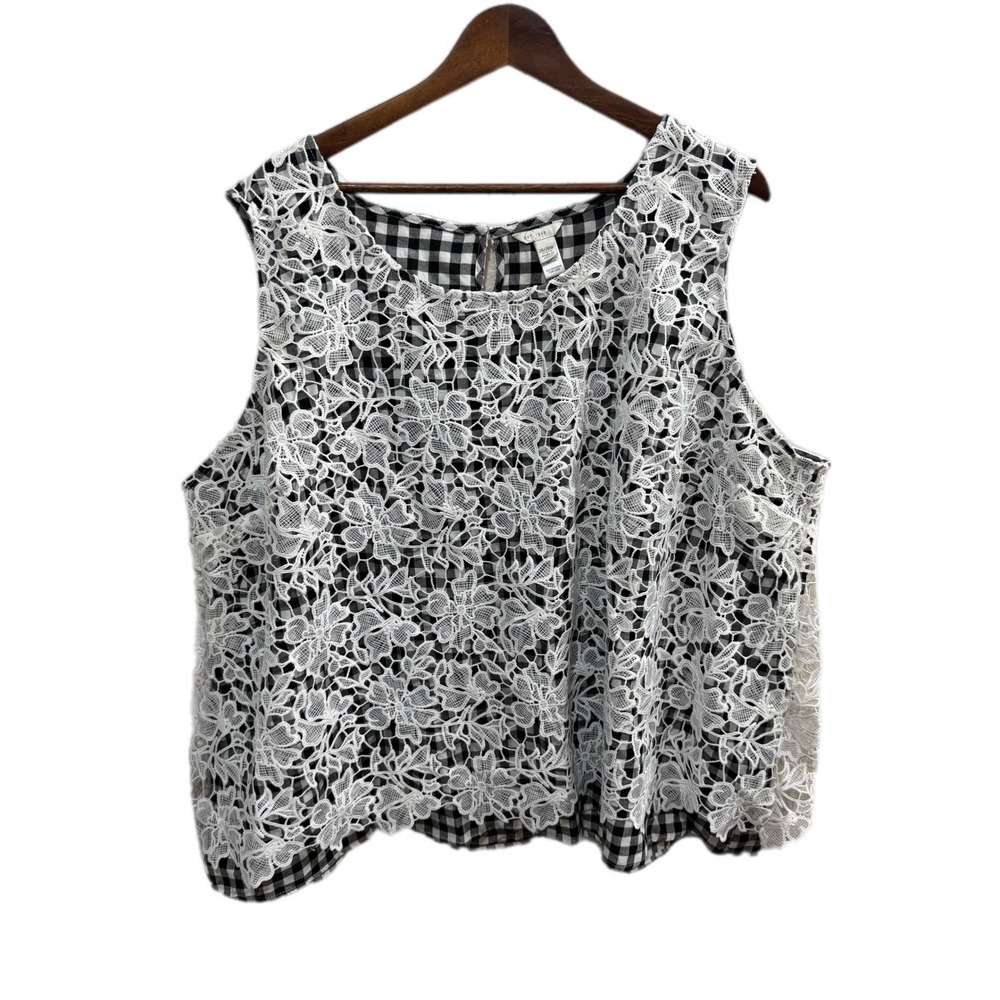 Est. 1946 Lace Gingham Top Womens 26/28W Black White Sleeveless Floral Excellent